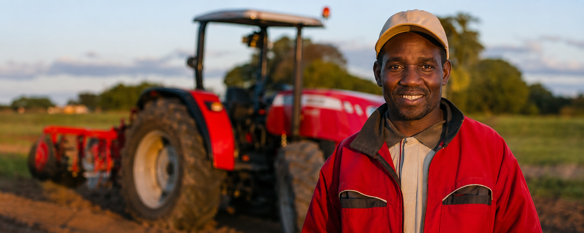 Produtor rural com trator ao fundo, representando a digitalização do agronegócio angolano